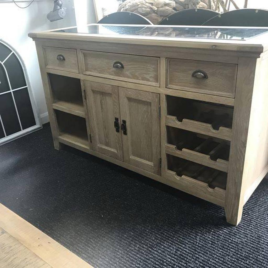 Lime Wash Oak , Large Kitchen Island with Granite Top , Drawers , Wine Rack