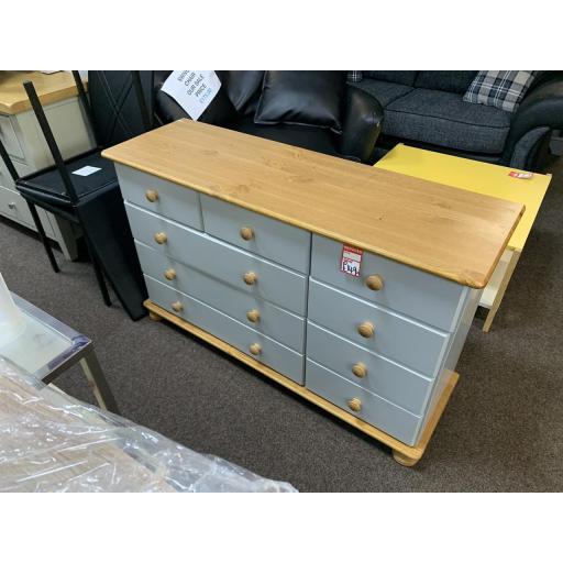 New - Grey low wide chest with pine top