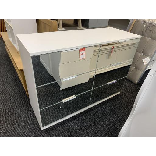 New- Low wide white chest with mirrored drawers