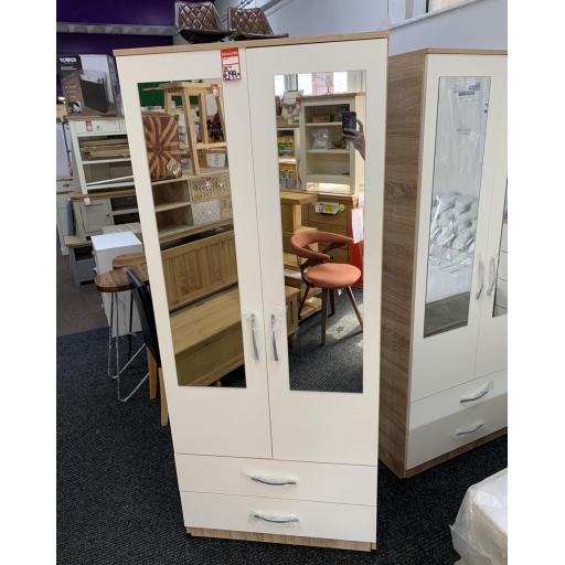 New- White and oak colour Double mirrored  wardrobe with drawers